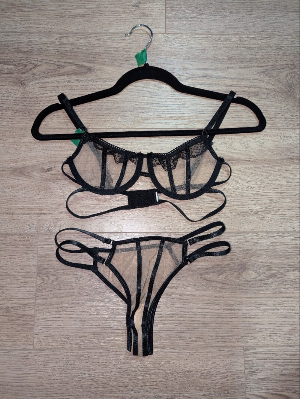 SHEIN Black Sheer Strappy Lace Bra & Thong Set